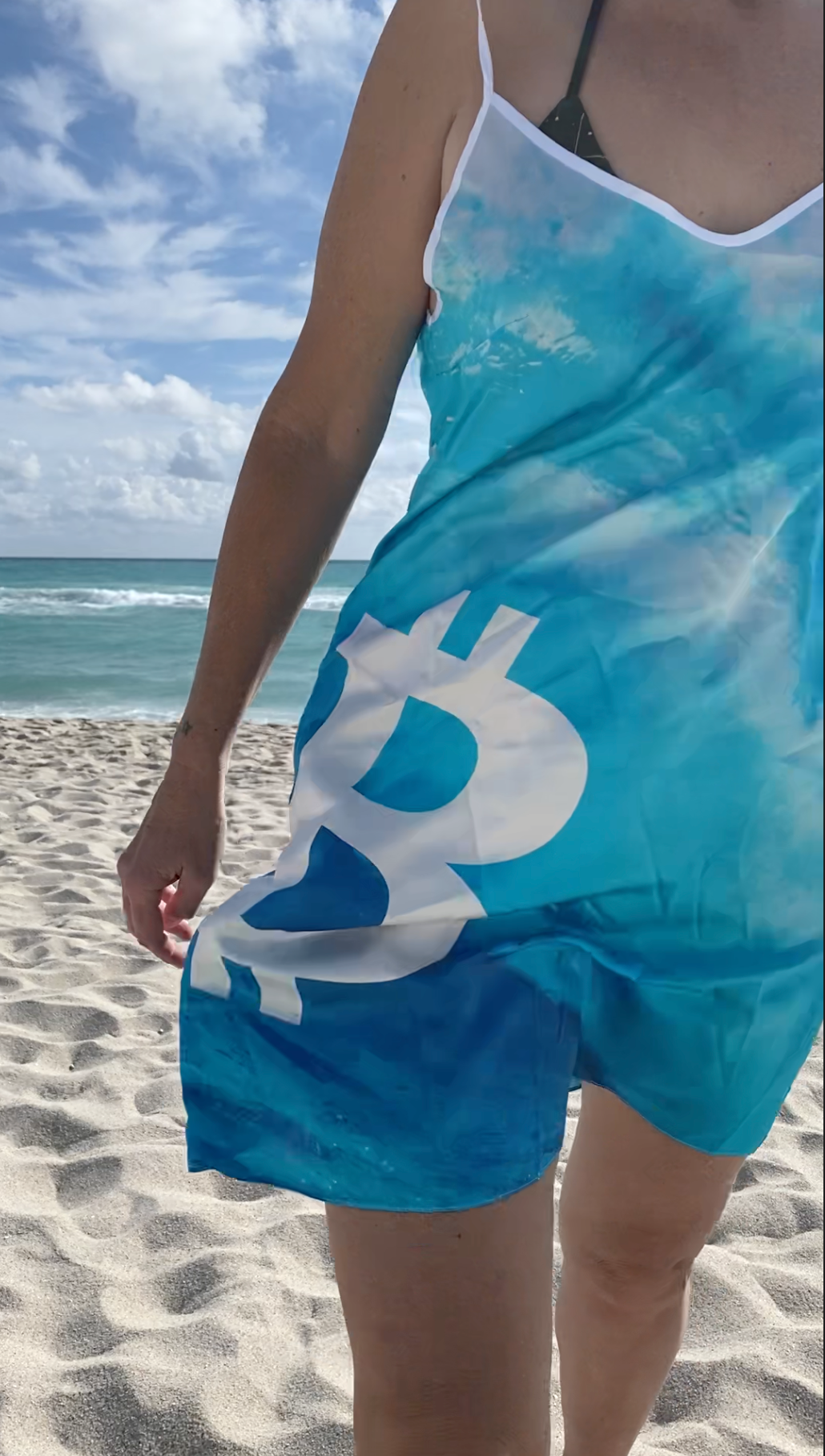 Blue Bitcoin Wave Silk Slip Dress with Adjustable Straps