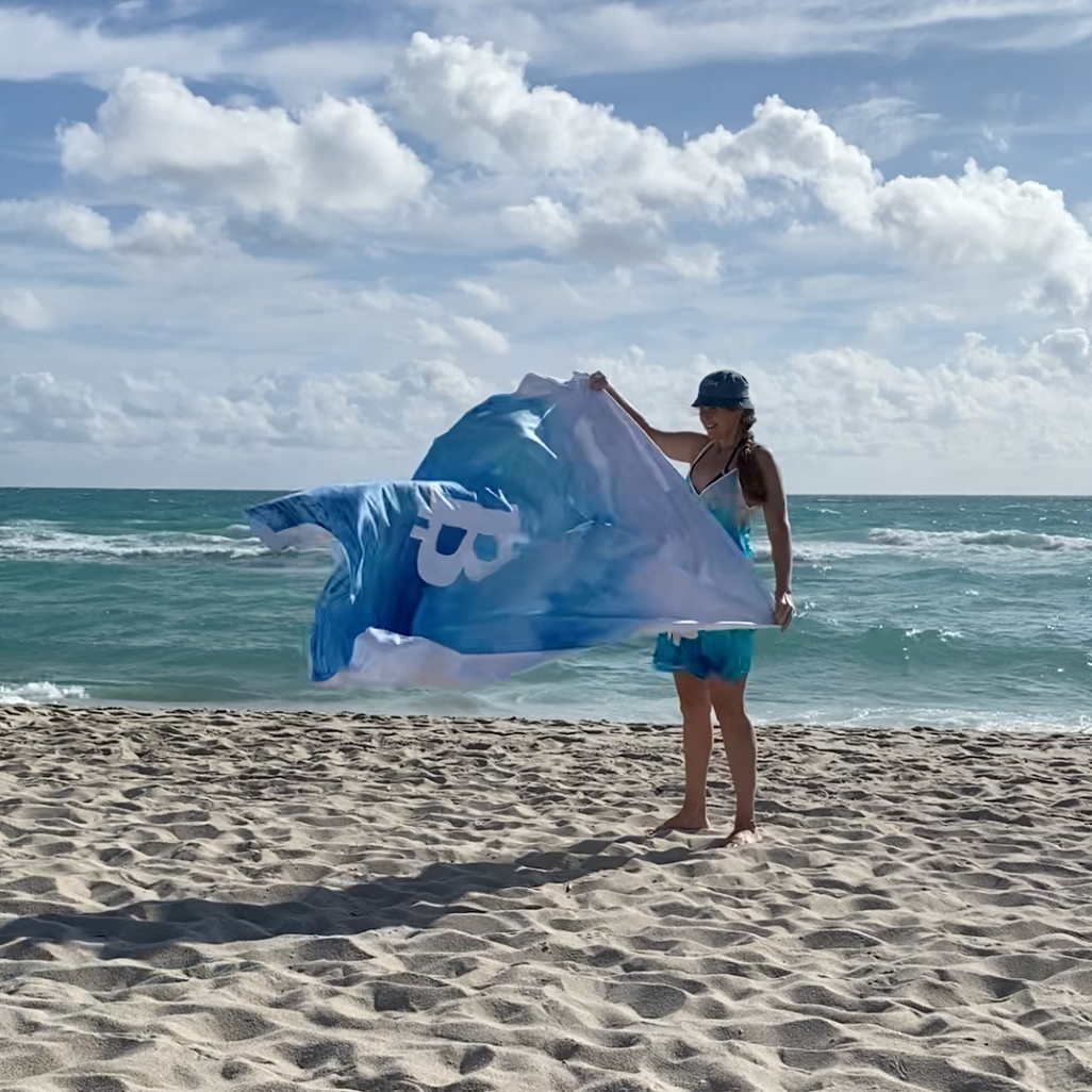Person holding a blue and white patterned towel on a sandy beach with ocean and sky in the background