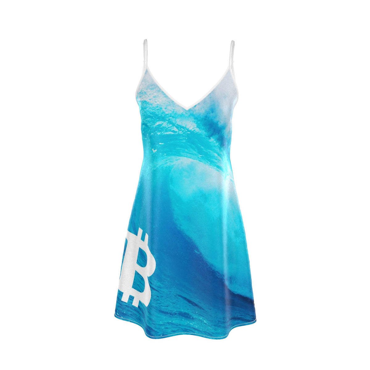 Blue Bitcoin Wave Silk Slip Dress with Adjustable straps