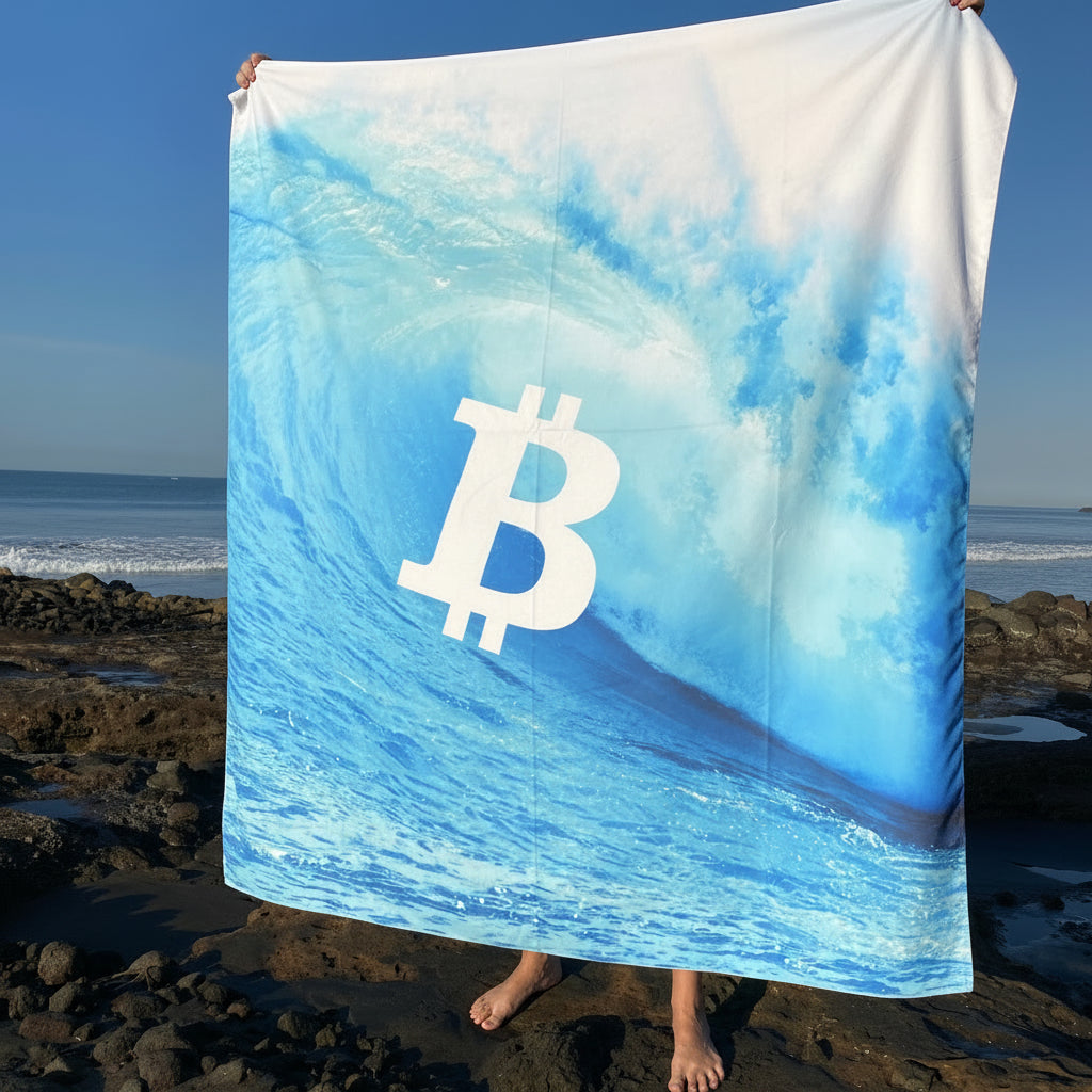 Blue and white towel with Bitcoin symbol on a beach