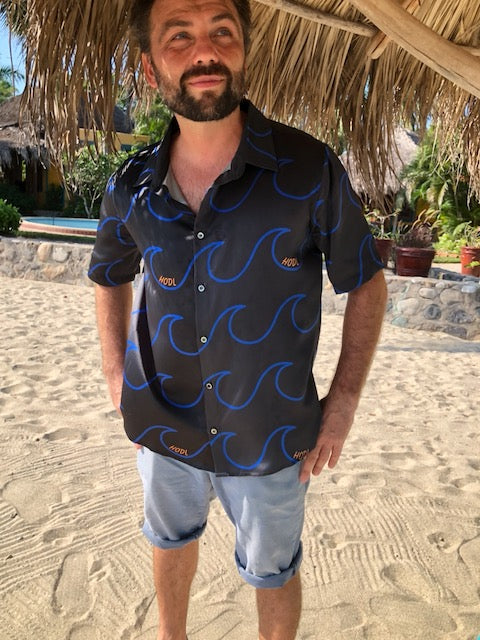 Men's Black Silk Aloha Shirt – HODL Wave Print