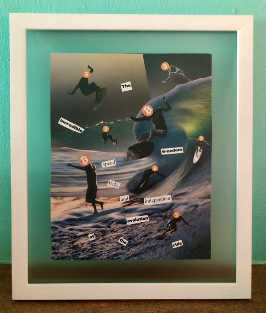 Freedom, Speed, Style Bitcoin! Framed original, handmade paper collage by Sea is Medicine