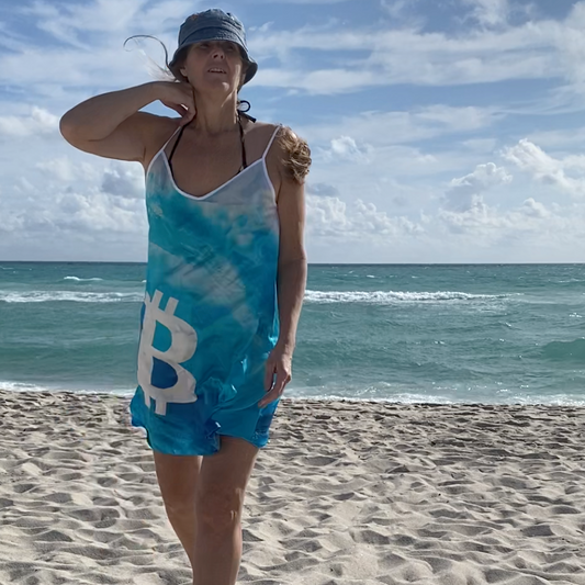 Person in a blue and white dress with a large 'B' standing on a sandy beach with ocean and sky in the background.